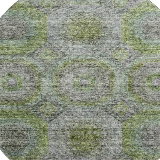 8' Olive Green Gray And Silver Geometric Washable Round Rug With UV Protection Photo 2