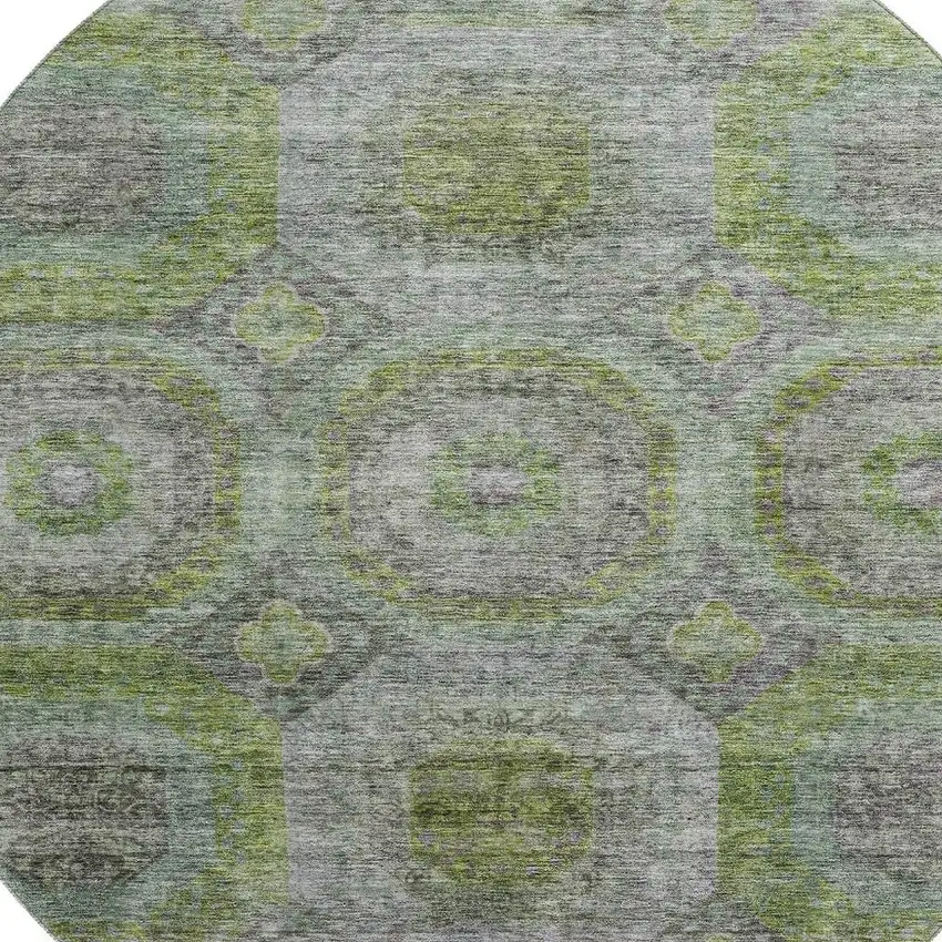 8' Olive Green Gray And Silver Geometric Washable Round Rug With UV Protection Photo 2