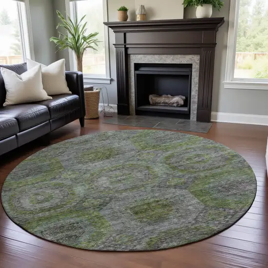 8' Olive Green Gray And Silver Geometric Washable Round Rug With UV Protection Photo 4