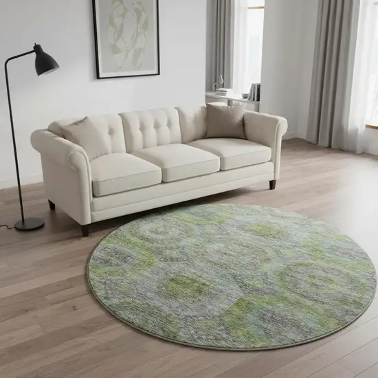 8' Olive Green Gray And Silver Geometric Washable Round Rug With UV Protection Photo 2