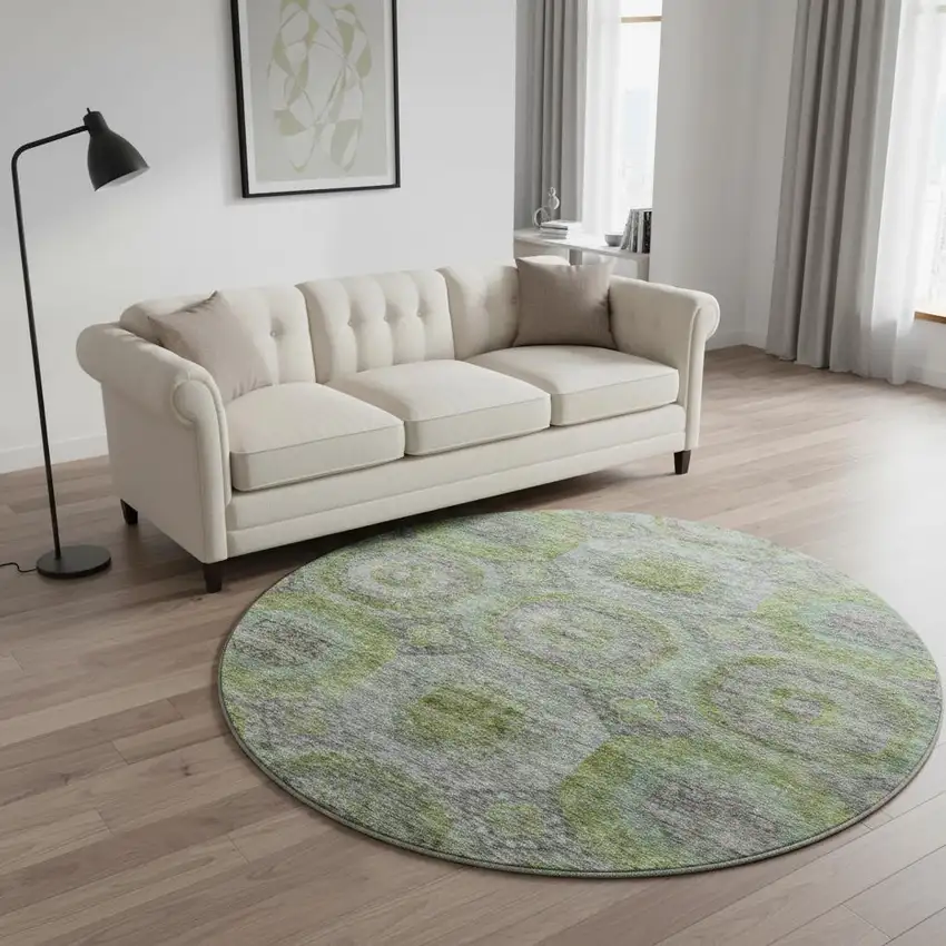 8' Olive Green Gray And Silver Geometric Washable Round Rug With UV Protection Photo 2