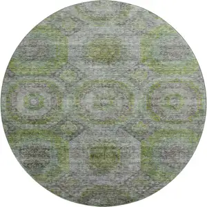 Photo of 8' Olive Green Gray And Silver Geometric Washable Round Rug With UV Protection