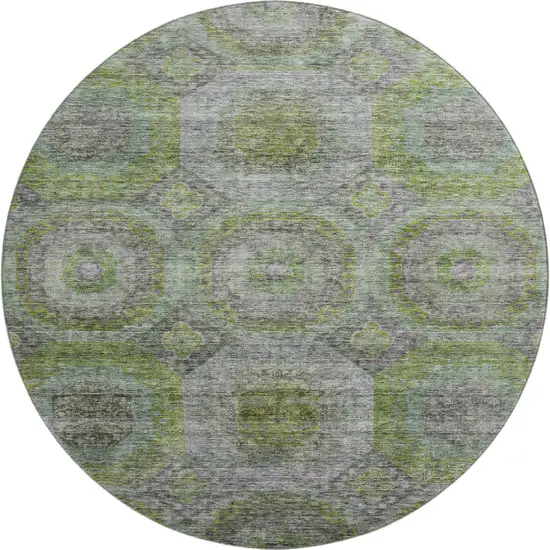 8' Olive Green Gray And Silver Geometric Washable Round Rug With UV Protection Photo 1
