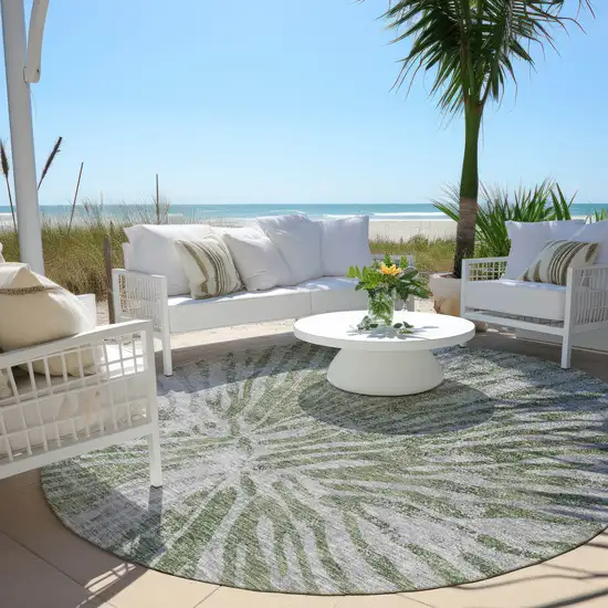 8' Olive Green Gray And Silver Round Abstract Washable Indoor Outdoor Area Rug Photo 6
