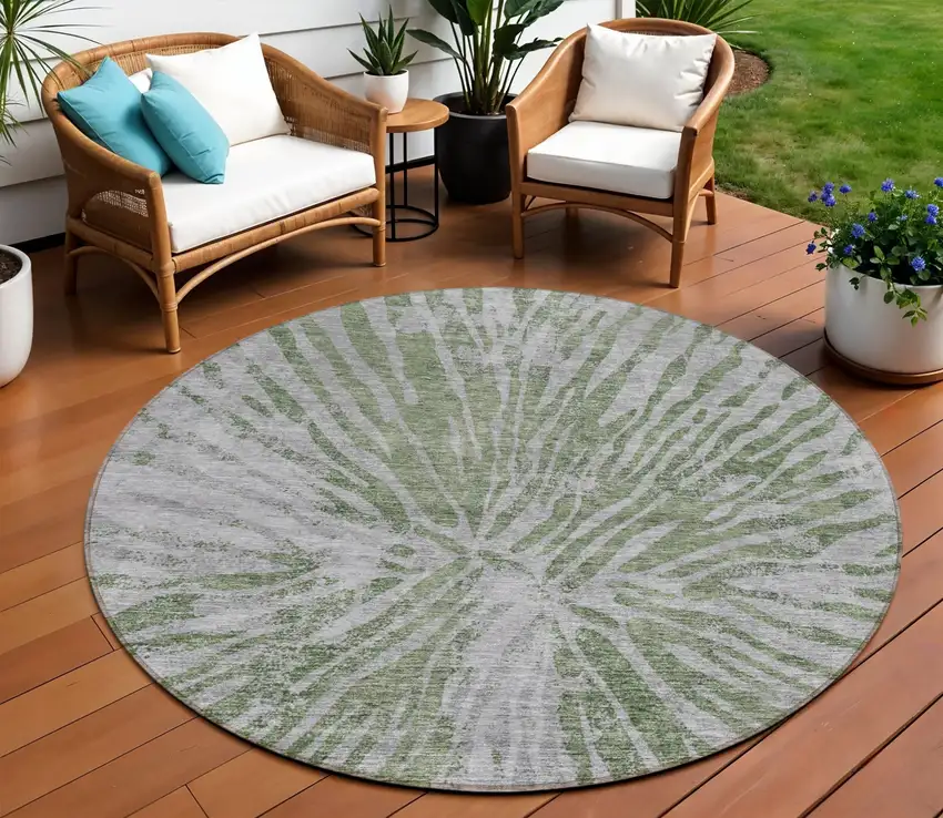 8' Olive Green Gray And Silver Round Abstract Washable Indoor Outdoor Area Rug Photo 1