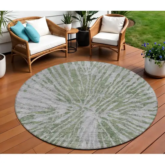 8' Olive Green Gray And Silver Round Abstract Washable Indoor Outdoor Area Rug Photo 1