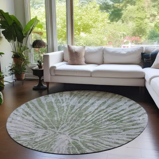 8' Olive Green Gray And Silver Round Abstract Washable Indoor Outdoor Area Rug Photo 7