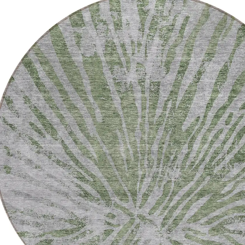 8' Olive Green Gray And Silver Round Abstract Washable Indoor Outdoor Area Rug Photo 4