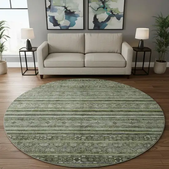 8' Olive Green Gray And Silver Striped Washable Round Rug With UV Protection Photo 2