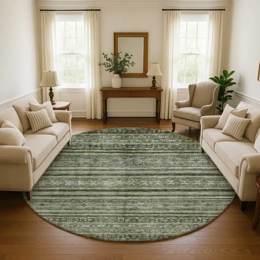 8' Olive Green Gray And Silver Striped Washable Round Rug With UV Protection Photo 4