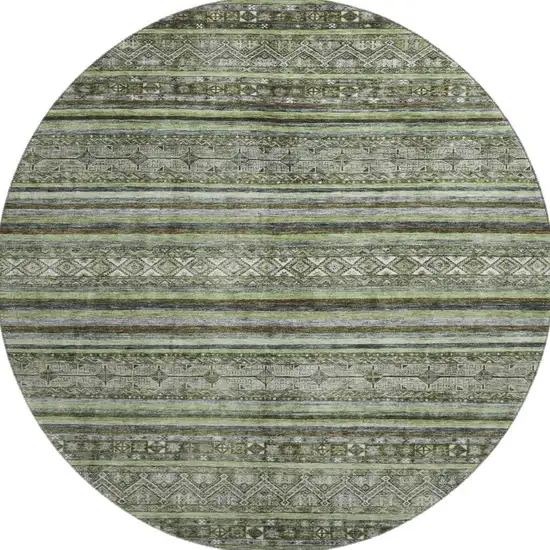 8' Olive Green Gray And Silver Striped Washable Round Rug With UV Protection Photo 3