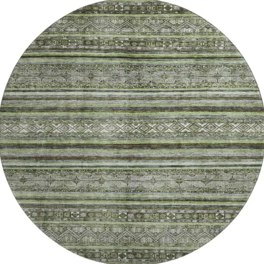 8' Olive Green Gray And Silver Striped Washable Round Rug With UV Protection Photo 3