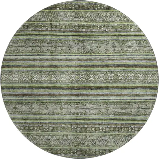 8' Olive Green Gray And Silver Striped Washable Round Rug With UV Protection Photo 1