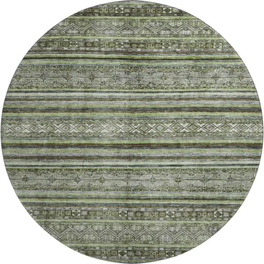 8' Olive Green Gray And Silver Striped Washable Round Rug With UV Protection Photo 1