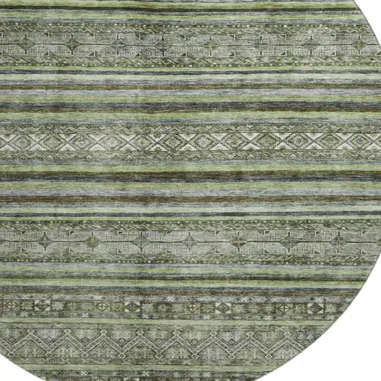 8' Olive Green Gray And Silver Striped Washable Round Rug With UV Protection Photo 2