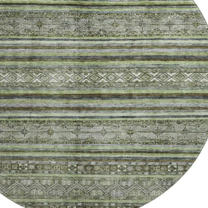 8' Olive Green Gray And Silver Striped Washable Round Rug With UV Protection Photo 2