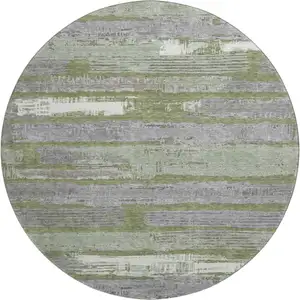 Photo of 8' Olive Green Gray And Silver Striped Washable Round Rug With UV Protection