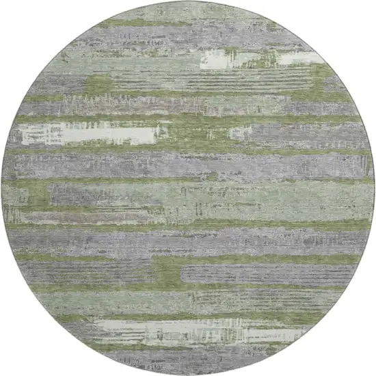 8' Olive Green Gray And Silver Striped Washable Round Rug With UV Protection Photo 1