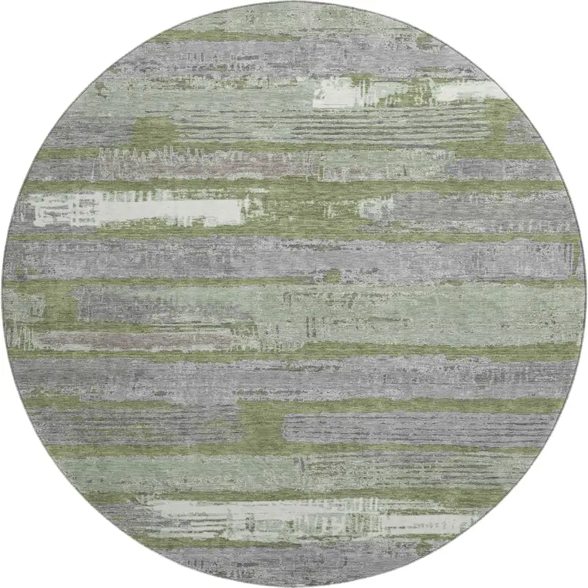 8' Olive Green Gray And Silver Striped Washable Round Rug With UV Protection Photo 1