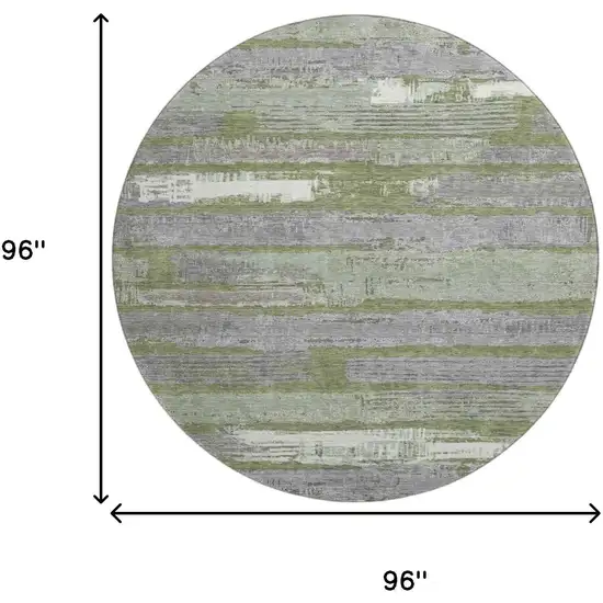 8' Olive Green Gray And Silver Striped Washable Round Rug With UV Protection Photo 8