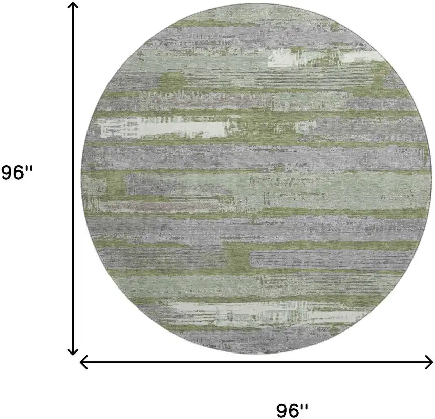 8' Olive Green Gray And Silver Striped Washable Round Rug With UV Protection Photo 8