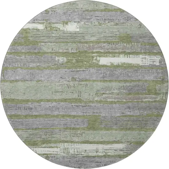 8' Olive Green Gray And Silver Striped Washable Round Rug With UV Protection Photo 2