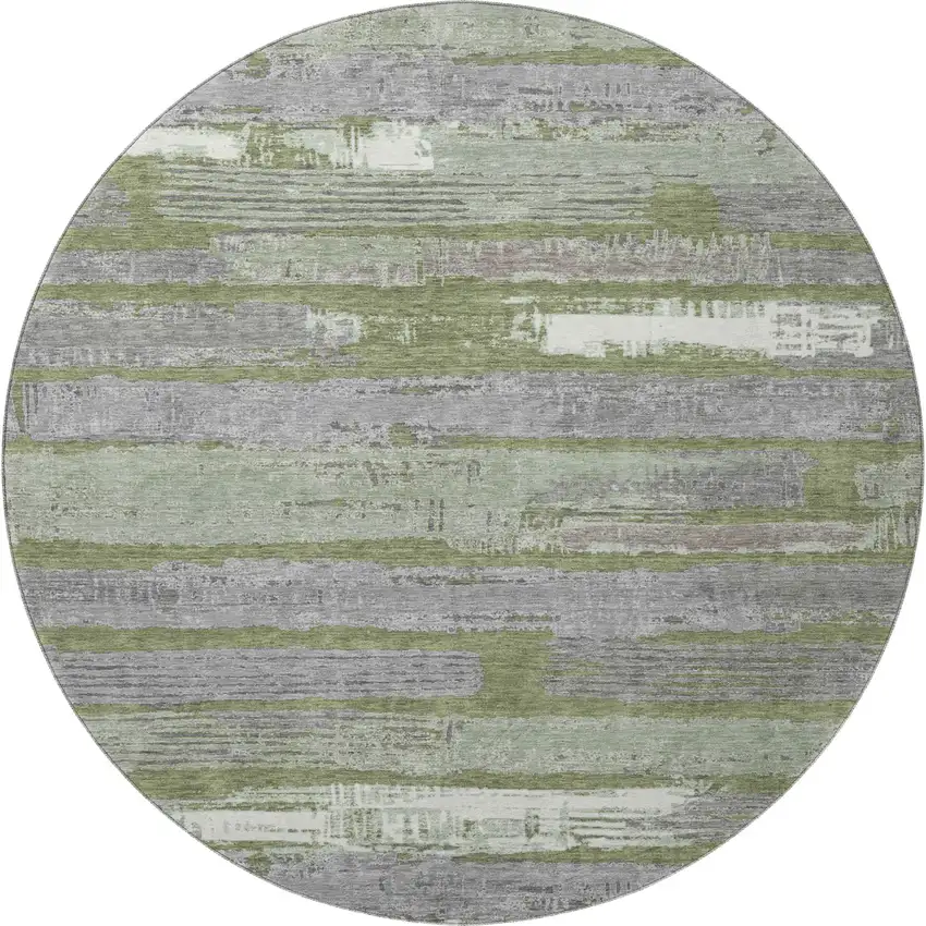 8' Olive Green Gray And Silver Striped Washable Round Rug With UV Protection Photo 2