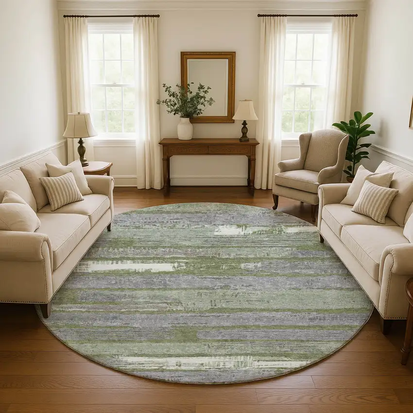 8' Olive Green Gray And Silver Striped Washable Round Rug With UV Protection Photo 3