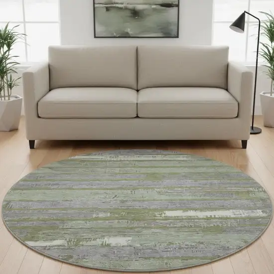 8' Olive Green Gray And Silver Striped Washable Round Rug With UV Protection Photo 2