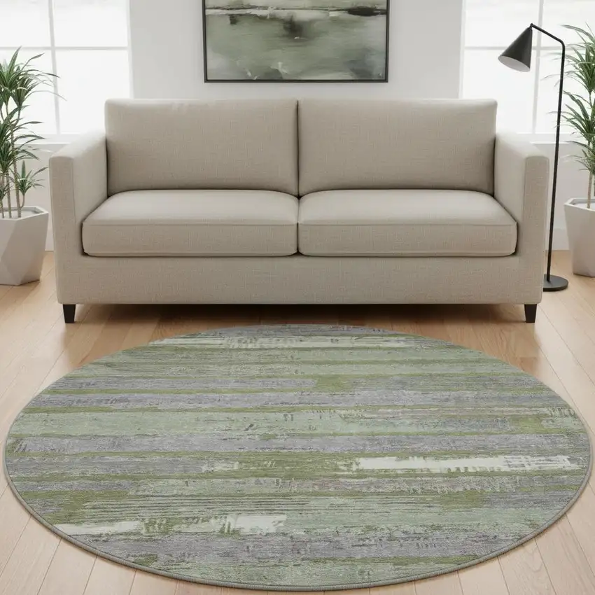 8' Olive Green Gray And Silver Striped Washable Round Rug With UV Protection Photo 2