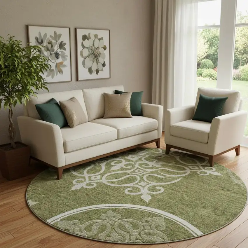 8' Olive Green Ivory And Beige Floral Medallion Washable Round Rug With UV Protection Photo 1