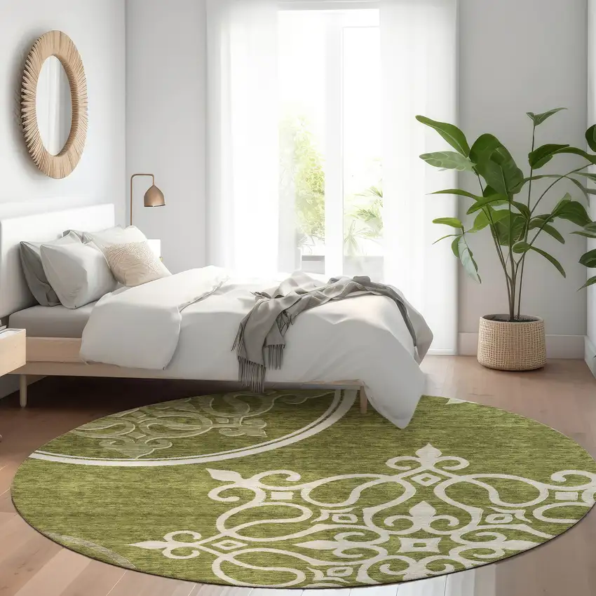 8' Olive Green Ivory And Beige Floral Medallion Washable Round Rug With UV Protection Photo 5