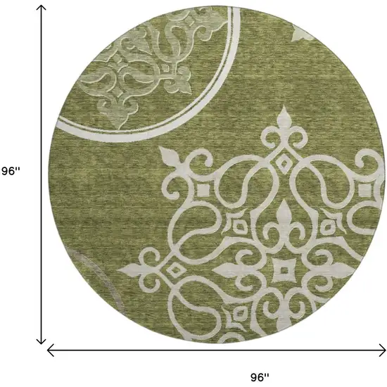 8' Olive Green Ivory And Beige Floral Medallion Washable Round Rug With UV Protection Photo 8