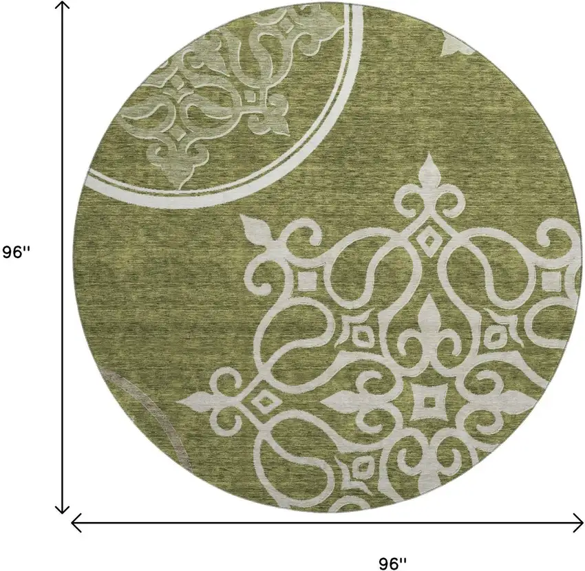8' Olive Green Ivory And Beige Floral Medallion Washable Round Rug With UV Protection Photo 8