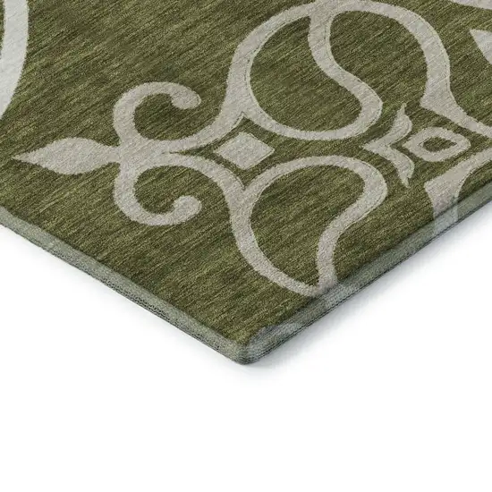 8' Olive Green Ivory And Beige Floral Medallion Washable Round Rug With UV Protection Photo 7