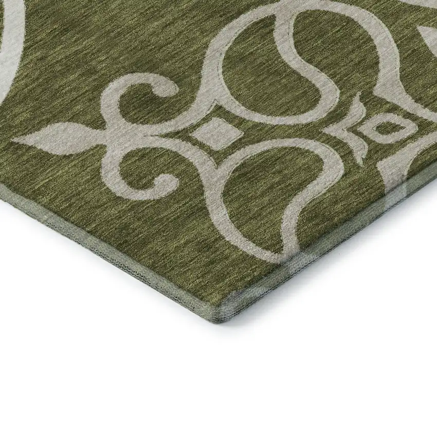 8' Olive Green Ivory And Beige Floral Medallion Washable Round Rug With UV Protection Photo 7