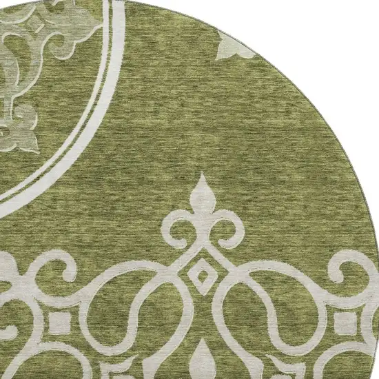 8' Olive Green Ivory And Beige Floral Medallion Washable Round Rug With UV Protection Photo 3