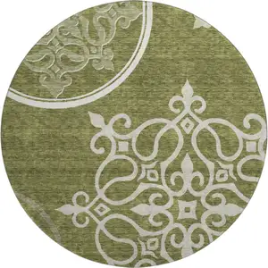 Photo of 8' Olive Green Ivory And Beige Floral Medallion Washable Round Rug With UV Protection