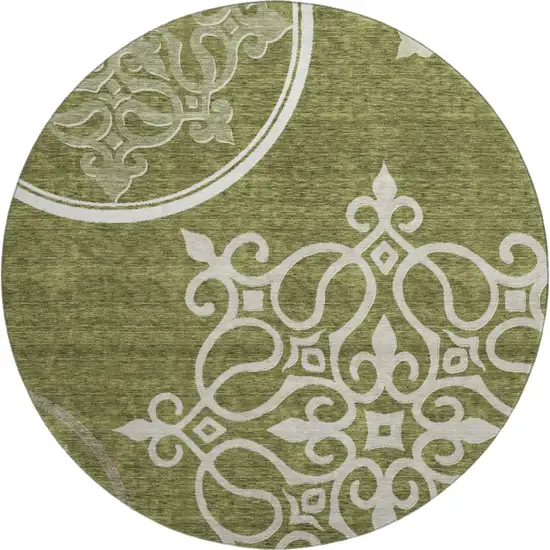 8' Olive Green Ivory And Beige Floral Medallion Washable Round Rug With UV Protection Photo 1