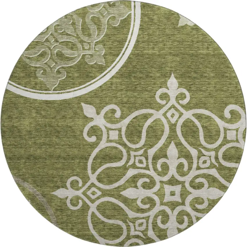 8' Olive Green Ivory And Beige Floral Medallion Washable Round Rug With UV Protection Photo 1