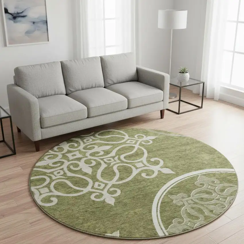 8' Olive Green Ivory And Beige Floral Medallion Washable Round Rug With UV Protection Photo 2