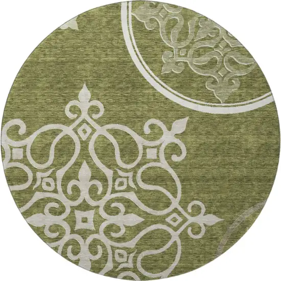 8' Olive Green Ivory And Beige Floral Medallion Washable Round Rug With UV Protection Photo 4