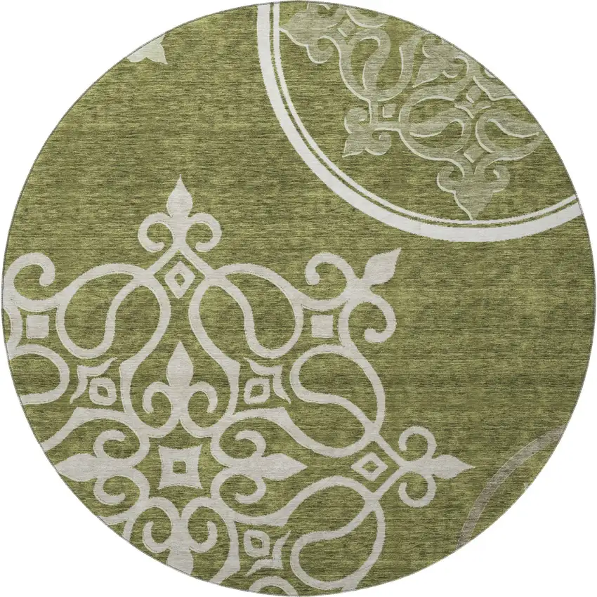 8' Olive Green Ivory And Beige Floral Medallion Washable Round Rug With UV Protection Photo 4