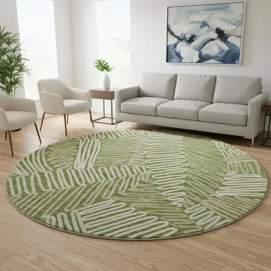 8' Olive Green Ivory And Beige Floral Washable Round Rug With UV Protection Photo 2