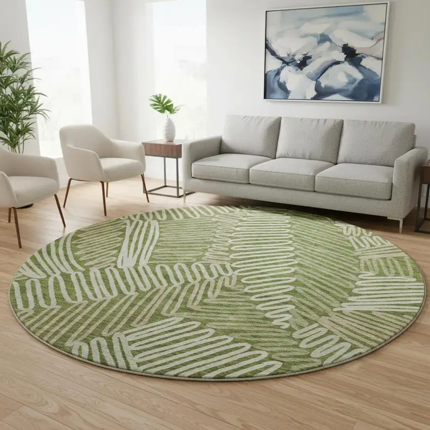 8' Olive Green Ivory And Beige Floral Washable Round Rug With UV Protection Photo 2