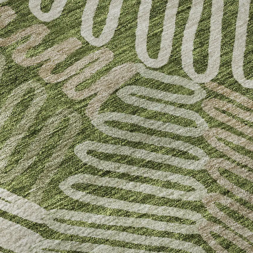 8' Olive Green Ivory And Beige Floral Washable Round Rug With UV Protection Photo 9