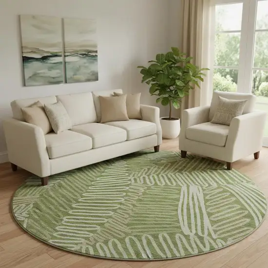 8' Olive Green Ivory And Beige Floral Washable Round Rug With UV Protection Photo 1