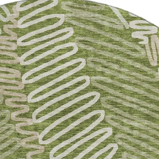 8' Olive Green Ivory And Beige Floral Washable Round Rug With UV Protection Photo 4