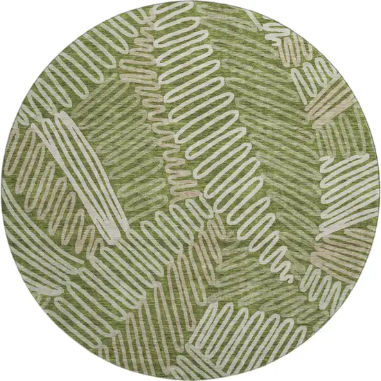 8' Olive Green Ivory And Beige Floral Washable Round Rug With UV Protection Photo 1