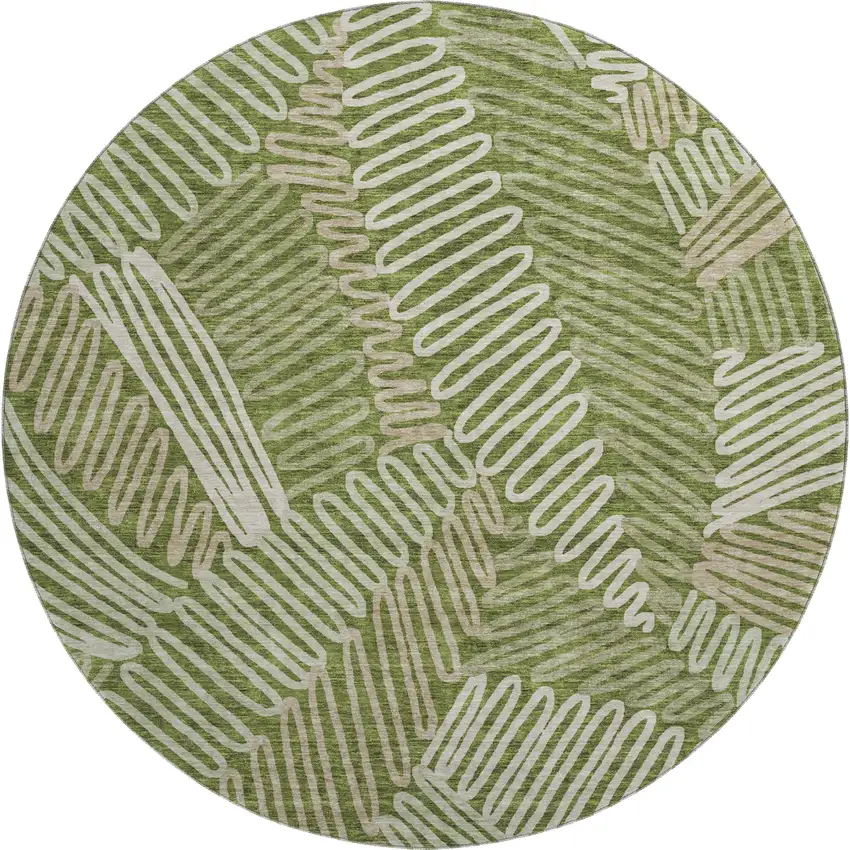 8' Olive Green Ivory And Beige Floral Washable Round Rug With UV Protection Photo 1